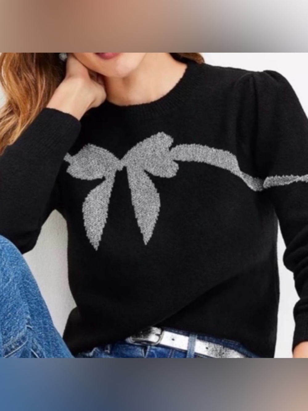 LOFT Shimmer Silver Bow Knit Sweater SM